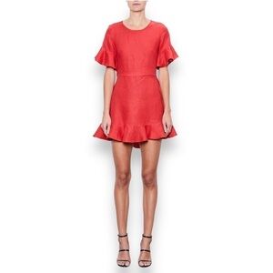 MLM Label Red 100% Linen Open Back Ruffled Flutter Sleeve Mini Dress